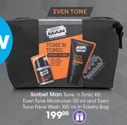Sorbet Man Tone n Tonic Kit:Even Tone Moisturiser-50ml & Even Tone Face Wash-100ml In Toiletry Bag