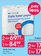 Clicks Pay Less 2 Ply Toilet paper 18 Rolls-For 1 Per Pack
