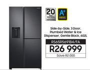 Samsung 602L Side By Side 3 Door Plumbed Fridge Water & Ice Dispenser (Gentle Black) RS65R5691B4/FA