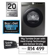 Samsung 9Kg Tumble Dryer With Heat Pump Technology And Sensor Drying DV90T5240AN/FA