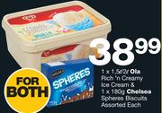 Ola Rich 'n Creamy Ice Cream 1.5/1.2Ltr & 180g Chelsea Spheres Biscuits Assorted-Each