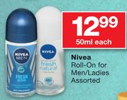 Nivea Roll-On For Men/Ladies Assorted-50ml Each