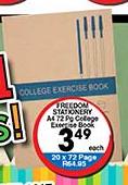 Freedom Stationary A4 72 Page College Exercise Book-Each