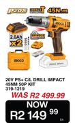 Ingco 20V PS+ C/L Drill Impact 45Nm 50P Kit 319-1219