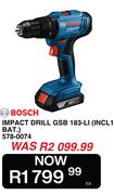Bosch Impact Drill GSB 183-Li (Incl 1 Battery) 578-0074