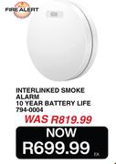 Fire Alert Interlinked Smoke Alarm 10 Year Battery Life 794-0004