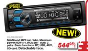 Star Sound MP3 Car Radio Max Power 60W x 4, RCA Pre Outs 2 Pairs STA.SSUSB230BT
