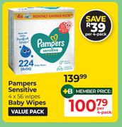 Pampers Sensitive 4 x 56 Wipes Baby Wipes-Per Pack