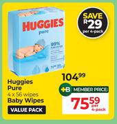 Huggies Pure 4 x 56 Wipes Baby Wipes-Per Pack