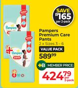 Pampers Premium Care Pants 2 x Sizes 3-6-Per Pack