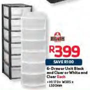6-Drawer Unit Black And Clear Or White And clear-Each