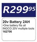 Ingco 20V Battery 2AH 162706