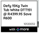 Defy 15kg Twin Tub (White) DTT151 10120032