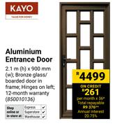Kayo Aluminium Entrance Door 2.1m(h) X 900mm(w) 850010136
