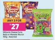 Willards Cheese Curls Balls Or Monster Munch 100g Assorted-For Any 3