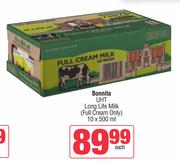 Bonnita UHT Long Life Milk Full Cream Only-10 x 500ml