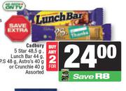  Cadbury 5 Star 48.5g, Lunch Bar 44g, P.S 48g, Astro's 40g Or Crunchie 40g Assorted-For Any 2