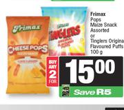   Frimax Pops Maize Snack Assorted Or Tinglers Original Flavoured Puffs-For Any 2 x 100g