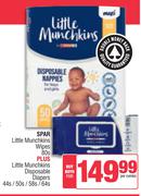 Spar Little Munchkins Wipes 80s+Little Munchkins Disposable Diapers 44s/50s/58s/64s-Per Combo