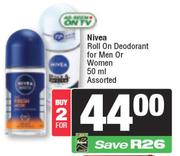 Nivea Roll On Deodorant For Men Or Women Assorted-For 2 x 50ml