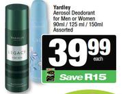Yardley Aerosol Deodorant For Men Or Women Assorted-90ml/125ml/150ml