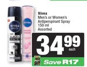 Nivea Men's Or Women's Antiperspirant Spray Assorted-150ml