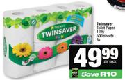 Twinsaver Toilet Paper 1 Ply 500 Sheets-8s Per Pack