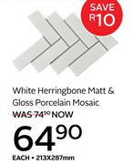 White Herringbone Matt & Gloss Porcelain Mosaic 213 x 287mm