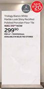 Triology Bianco White Marble Look Shiny Rectified Polished Porcelain Floor Tile 750 x 150mm-Per Sqm