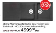 Stirling Magma Quartz Dbl Bowl Kitchen Sink Satin Black 1160 x 500mm Includes Plumbing