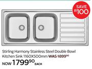 Stirling Harmony S/Steel Double Bowl Kitchen Sink 1160 x 500mm