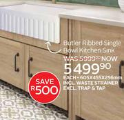 Butler Ribbed Single Bowl Kitchen Sink 605 x 455 x 256mm Incl Waste Strainer,Excl Trap & Tap