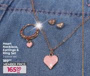 Heart Necklace, Earrings & Rings Set 3 Piece Set-Per Set