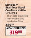 Sunbeam Stainless 1.7Ltr Steel Cordless Kettle 