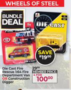 Die Cast Fire Rescue 1:64 Fire Department Van Or Construction Digger-For 4