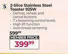 Stellar 2 Slice Stainless Steel Toaster 925W