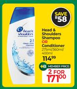 Head & Shoulders Shampoo Or Conditioner 275ml/360ml/400ml-For 2