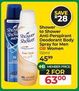 Shower To Shower Anti-Perspirant Deodorant Body Spray For Men Or Women-For 2 x 150ml