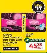 Always Maxi Dreamzz Duo Pads Extra Long Night 16 Pack-Per Pack