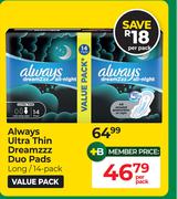 Always Ultra Thin Dreamzz Duo Pads Long 14 Pack-Per Pack