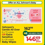 Johnson's Gentle All Over 6 x 72 Wipes Or Extra Sensitive 6 x 56 Wipes Baby Wipes-Per Pack