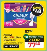 Always Maxi Or Ultra Duo Pads 12/14/16/18/20 Pack-For 2
