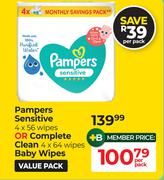 Pampers Sensitive (4 x 56 Wipes) Or Complete Clean (4 x 64 Wipes) Baby Wipes-Per Pack