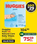 Huggies Pure Or Natural Care Baby Wipes (4 x 56 Wipes)-Per Pack