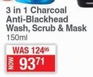 Garnier 3 In 1 Charcoal Anti-Blackhead Wash, Scrub & Mask-150ml 
