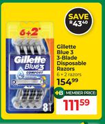 Gillette Blue 3 3-Blade Disposable Razors 6 + 2 Razors