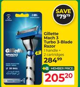 Gillette Mach 3 Turbo 3 Blade Razor 1 Handle + 2 Cartridges