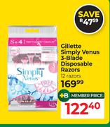 Gillette Simply Venus 3 Blade Disposable Razors 12 Razors