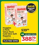 Huggies 2 Pack Value Pack Gold Skin Soft Nappies 2 x Sizes 1-5-Per 2 Pack