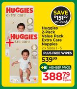 Huggies 2 Pack Value Pack Extra Care Nappies 2 x Sizes 1-5-Per 2 Pack